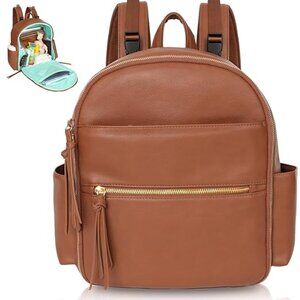 NWT! Midsize Brown Faux Leather Backpack Baby Bag Tote w/Luggage Strap & Tassels